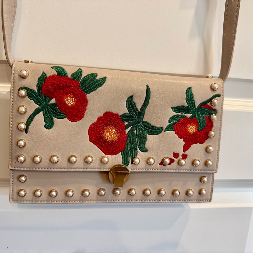 Topshop Cream Crossbody Bag with Red Floral Embroidery